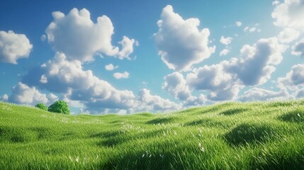 Obraz premium Rolling green meadows meet a vibrant blue sky, fluffy white clouds casting soft shadows over the grass, bathed in warm sunlight, cinematic landscape shot. 