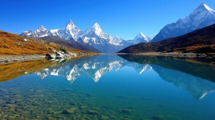 Crystal-clear lake reflecting snow-capped mountains under a vibrant blue sky.