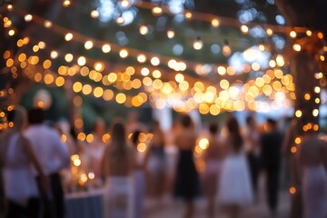 Vibrant outdoor party illuminated by lamp garlands with a blurred crowd in the background
