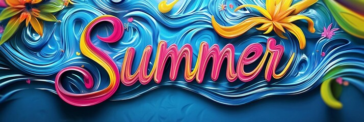 Colorful abstract background with the word summer floating on it, creating a vibrant and festive design