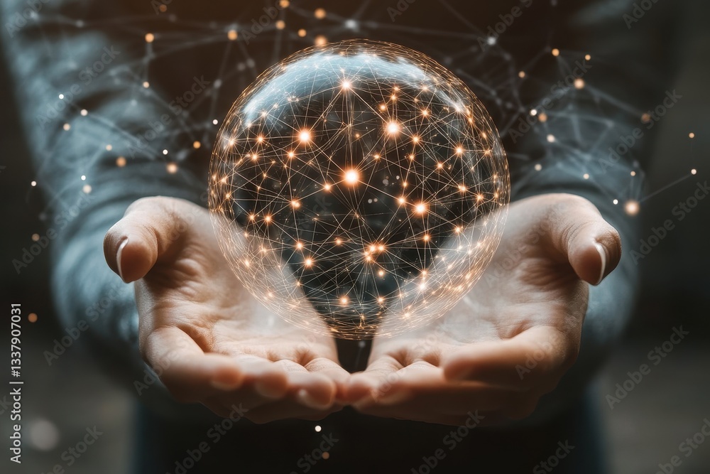 Poster transparent globe held by hands, featuring digital connections and nodes to represent a global netwo
