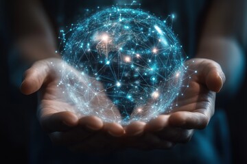 Hands grasping a transparent globe with digital connections and nodes, showcasing a connected world