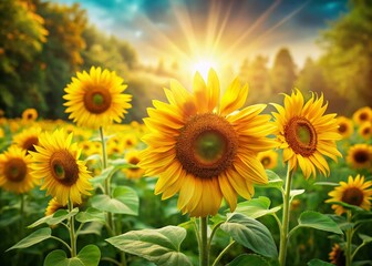 Obraz premium Vibrant Sunflowers in Lush Greenery: A Candid Summer Scene