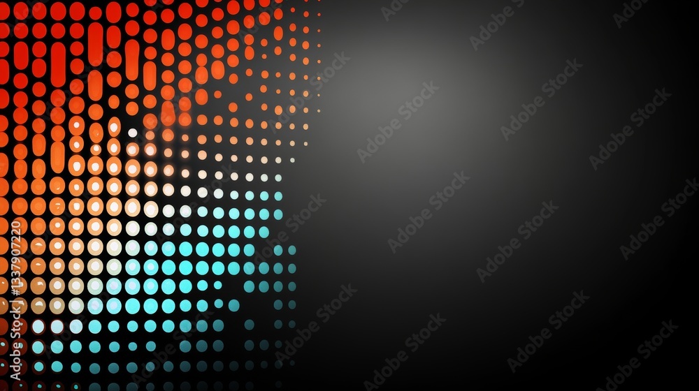 Poster an abstract piece with orange, white, and teal circles scattered across a dark background, generatin