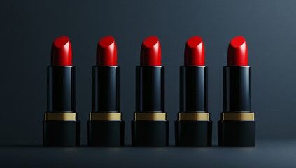 Fototapeta premium A collection of upscale lipsticks in a range of red and pink shades, arranged in a gradient on a dark background, showcasing modern beauty products in refined packaging