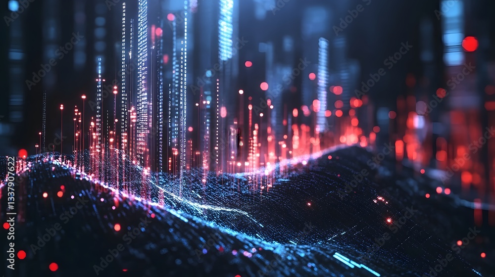 Poster a computer generated image of a cityscape with a red and blue sky. the image is full of bright, glow