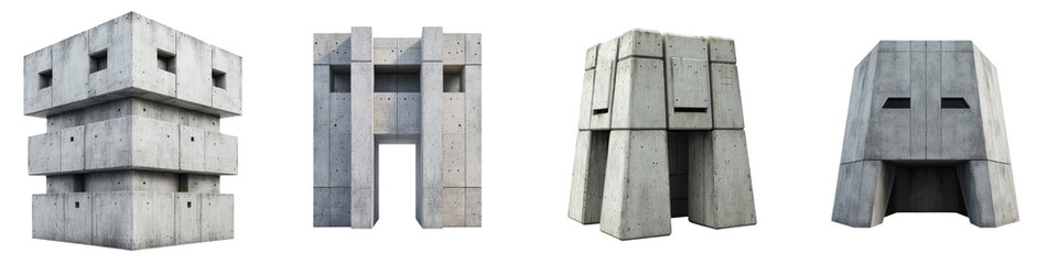 A collection of minimalist angular concrete buildings and structures showcasing a brutalist architectural style with heavy monolithic forms and raw utilitarian design elements