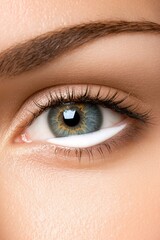 Naklejka premium An intimate view of a green eye with a moisturizer streak on the cheek, showcasing skincare and beauty. The natural makeup highlights long eyelashes and distinct brows
