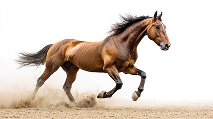 Obraz premium The elegant form of a bay horse captured in motion, hooves lifted off the ground, its deep brown coat contrasting against the stark white background, 