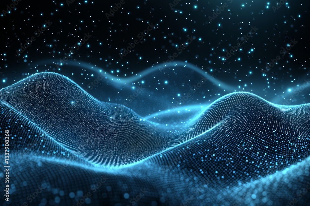 Poster in a dark space, flowing trails of blue light with sparkling particles create a magical energy effec