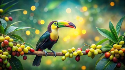 Vibrant Toucan on Branch with Ripe Fruit, Double Exposure Bokeh Background Stock Photo