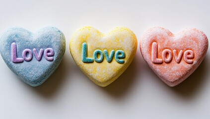 Heart-shaped candies in bright colors, each with a love message, lined up on a white background, illustrating a sweet romantic idea for Valentine's Day and anniversaries