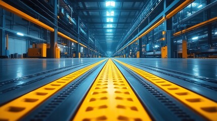Fototapeta premium Industrial Factory Interior: Modern Manufacturing Plant with Automated Conveyor System