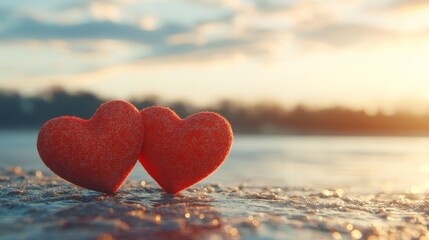 Fototapeta premium At sunset, two red heart decorations stand out against the glistening snow, with bokeh lights and a blurred winter backdrop, perfect for romantic Valentine's Day greeting cards and designs