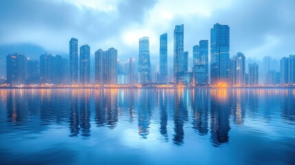 Fototapeta premium Cityscape Reflection: Modern Metropolis at Dawn