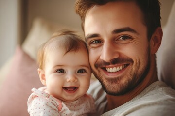Portrait of a smiling loving dad with his cute, happy baby at home, sharing a moment