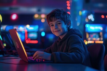 Smiling boy immersed in gaming on a laptop in a futuristic gaming club at night