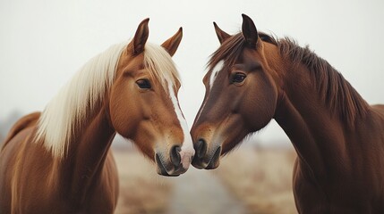 Fototapeta premium Two horses in perfect harmony, their noses gently touching as they stand on a road, their love and connection framed beautifully against a bright white backdrop 