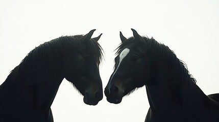 Two majestic horses stand close, their heads leaning into each other in a display of affection, creating a striking silhouette against a bright white backdrop,  