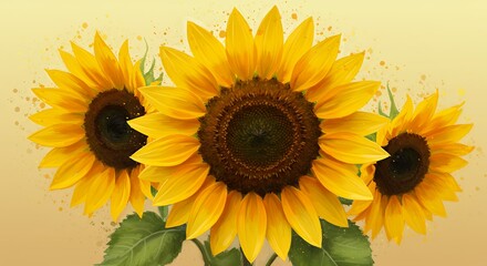 Obraz premium Three sunflowers blossom against soft yellow background in watercolor style