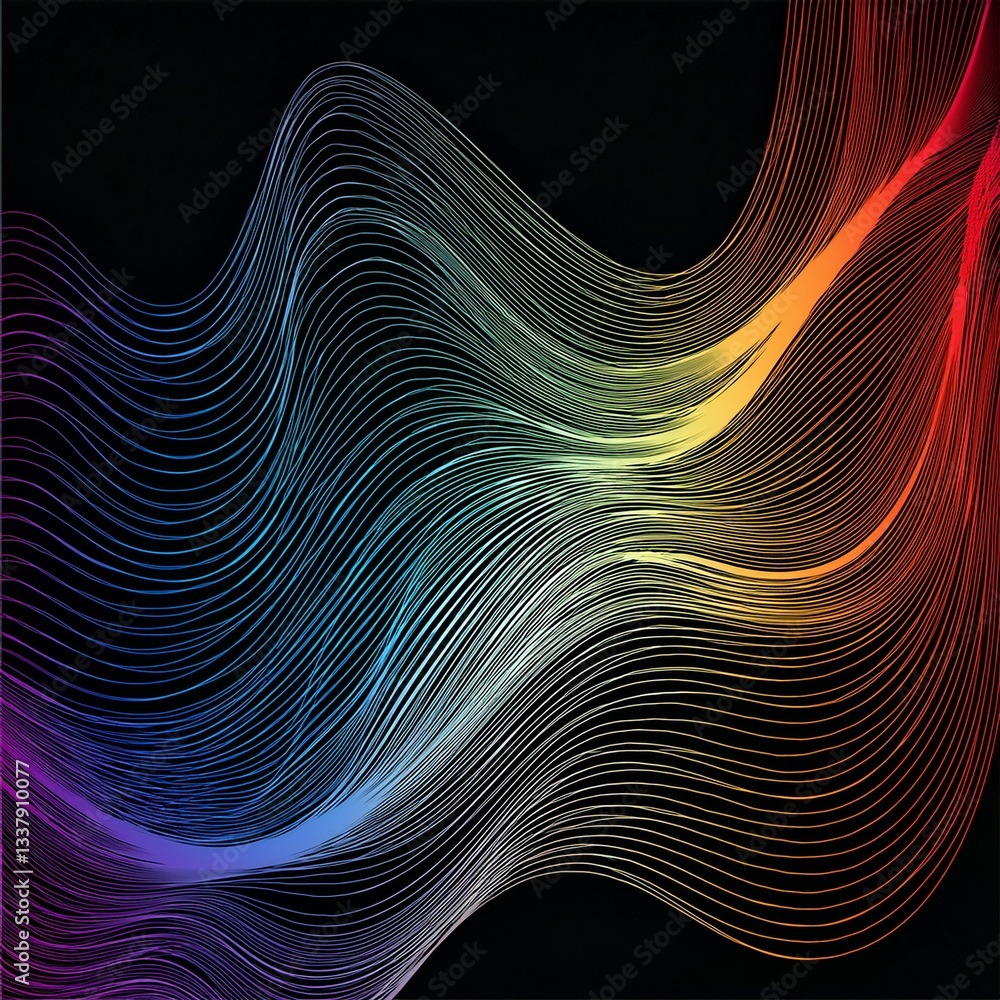 Aufkleber abstract wave lines pattern dynamic colorful light flowing isolated on black background.
