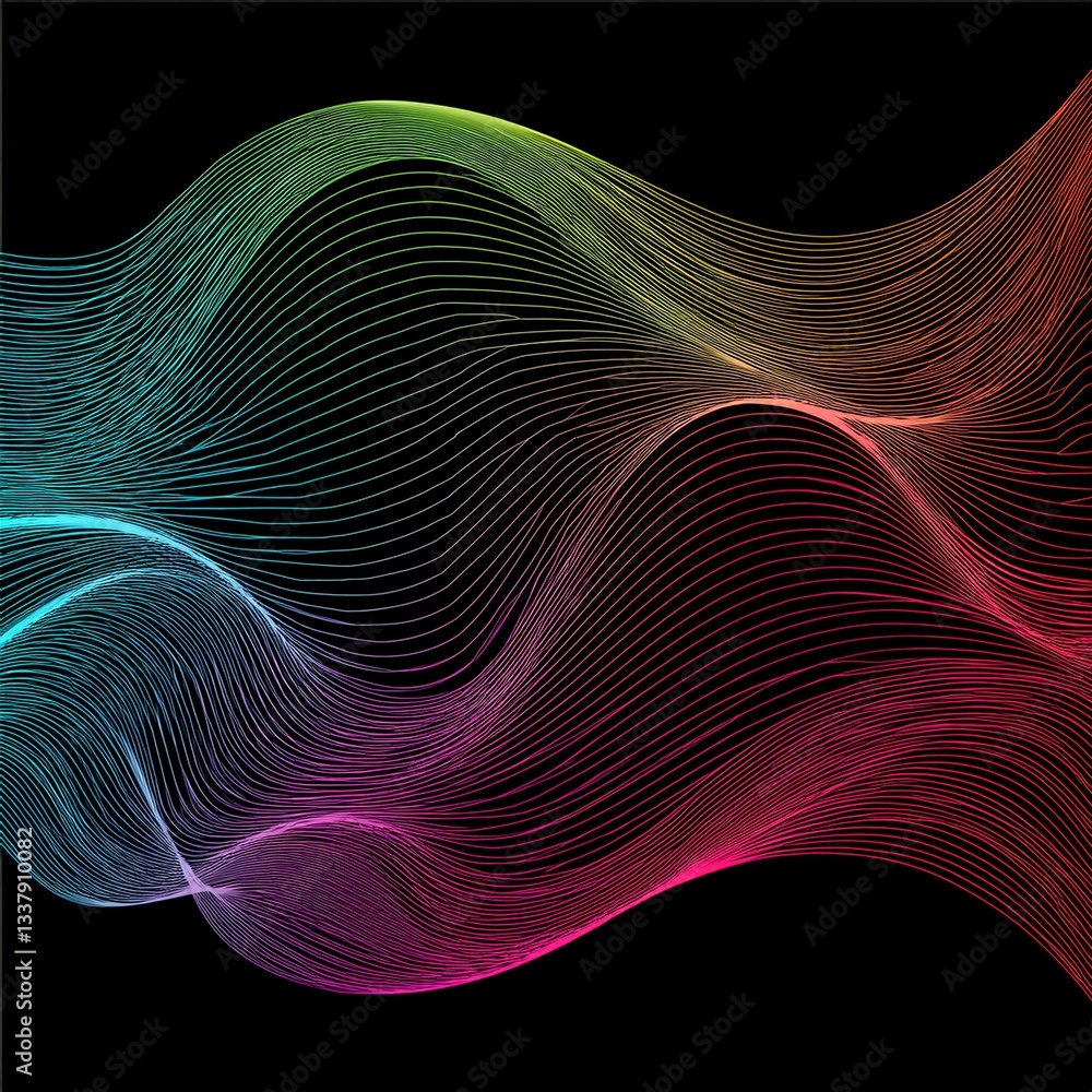Aufkleber abstract wave lines pattern dynamic colorful light flowing isolated on black background.