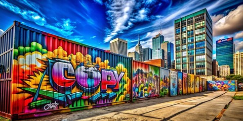Naklejka premium Vibrant Urban Graffiti Wall Art with Stacked Posters and Containers - City Street Scene