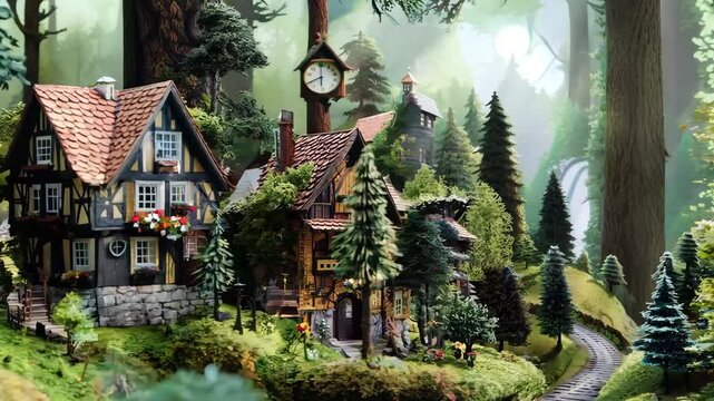 A beautifully detailed miniature village set in a lush, green forest. The tiny timber-framed houses with flower-adorned balconies create a whimsical, fairytale-like atmosphere. A small cuckoo clock 