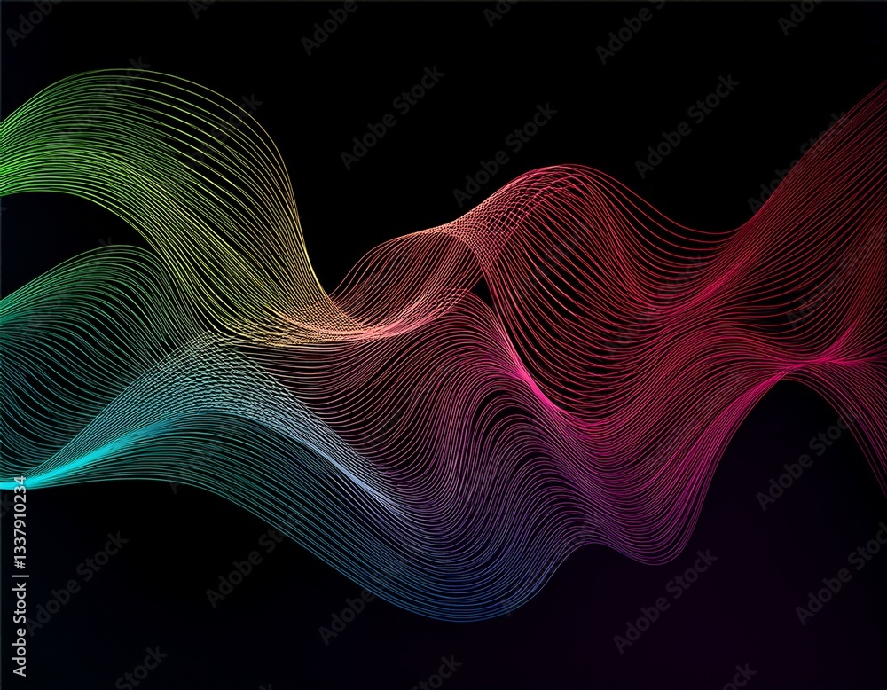 Aufkleber abstract wave lines pattern dynamic colorful light flowing isolated on black background.