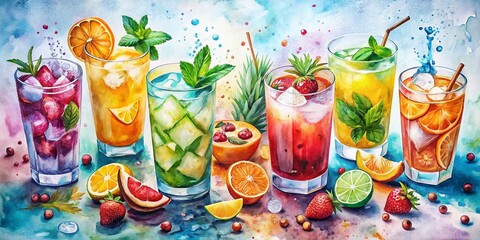 Fototapeta premium Vibrant Watercolor Exotic Drinks: Flat Lay Illustration of Refreshing Beverages