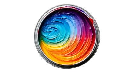 Multi-colored paint in a can isolated on a white background, top view, created with Generative AI technology, PNG
