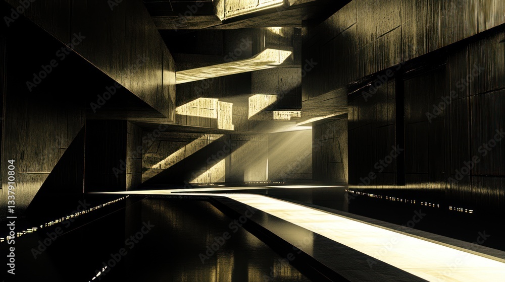 Poster Dark, abstract concrete structure with light beams illuminating a reflective floor.