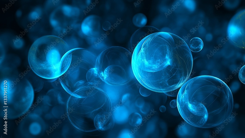 Poster abstract representation of spheres in motion. a dynamic display of translucent, glowing spheres in v