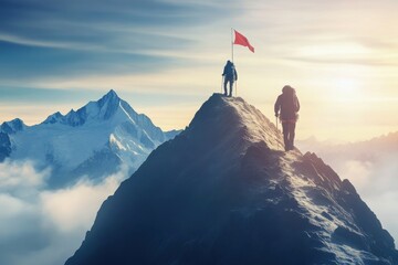Obraz premium Mountain climber follows challenging path to reach flag at the peak, symbolizing goal achievement