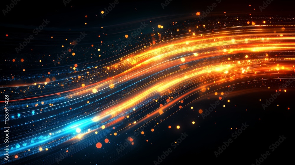 Poster in a cosmic background, vibrant light trails twist through the dark, creating a dynamic effect with 