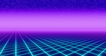 Futuristic glowing neon wireframe background. Shining grid planes in perspective. Bright retro digital horizon. Starry sky. 3D rendering.