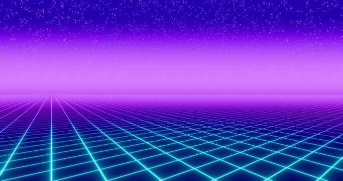 Futuristic glowing neon wireframe background. Shining grid planes in perspective. Bright retro digital horizon. Starry sky. 3D rendering.