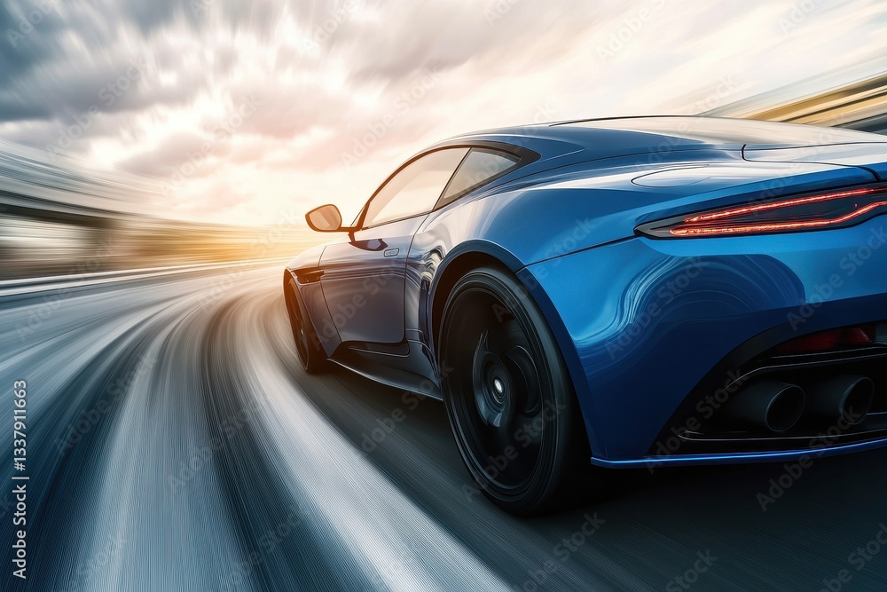 Poster fast blue business car navigating a sharp turn on a high-speed highway