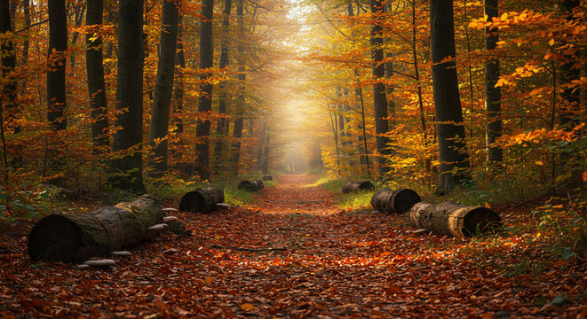 The image shows a serene autumn forest with vibrant orange, yellow, and red foliage A path winds through the colorful woods, where a candle glows softly and wood burns, casting warm light in the golde