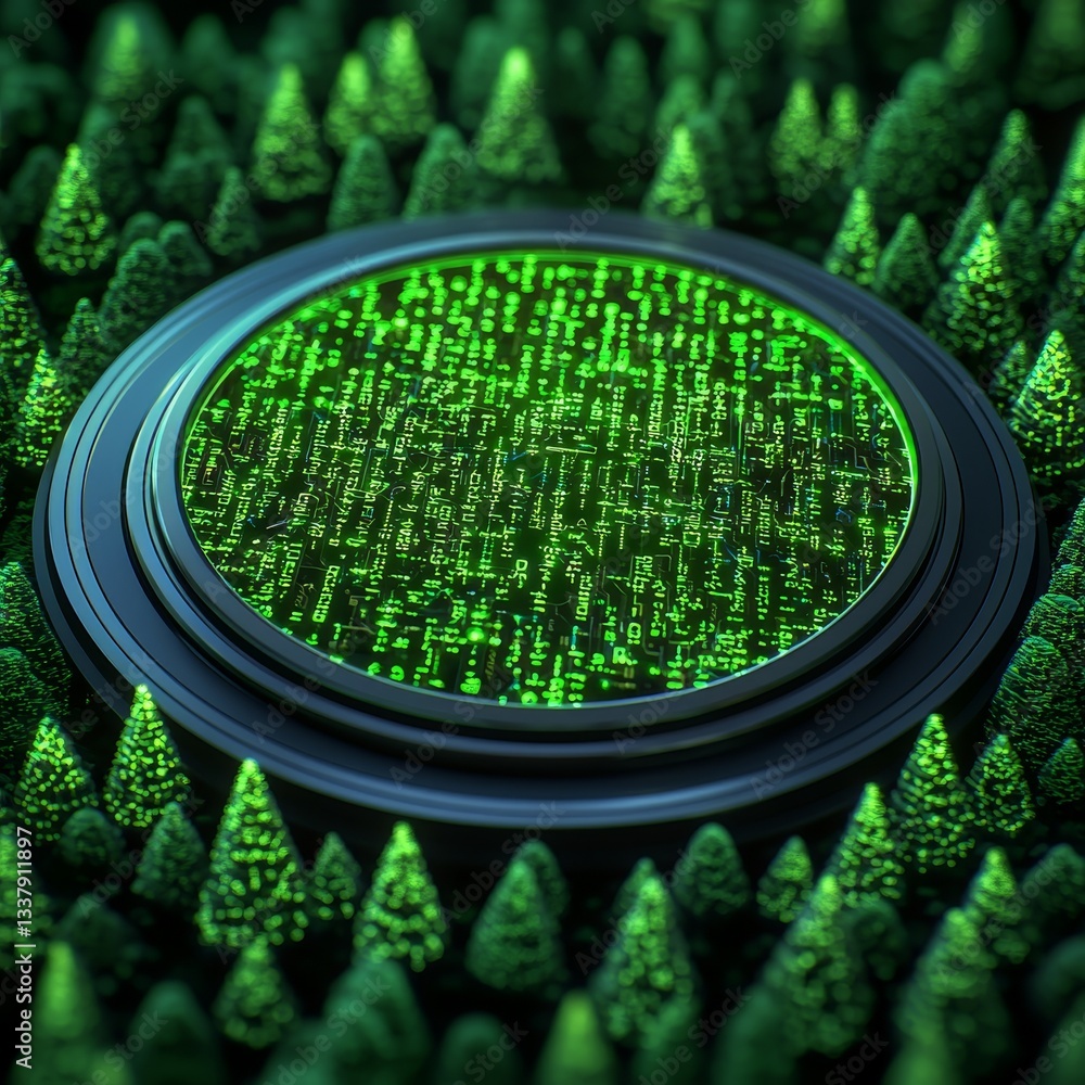 Poster biodiversity wildlife conservation program concept. digital green matrix hovering over a forest of t