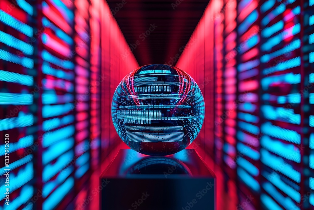Poster data analytics and prediction concept. digital sphere surrounded by vibrant blue and red lights, rep