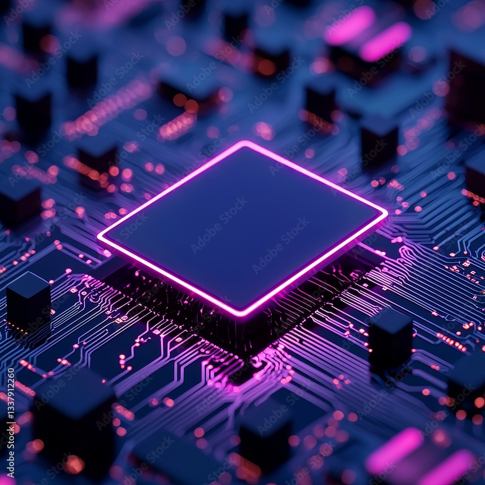 Poster e-commerce and digital payment automation concept. futuristic circuit board with a glowing processor