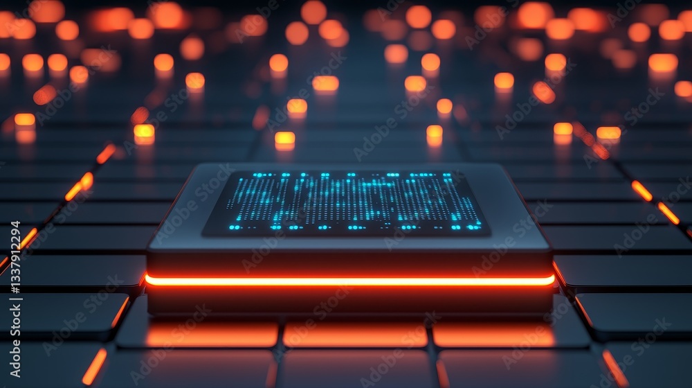 Poster data analytics and prediction concept. futuristic circuit board with glowing lights and a microchip 