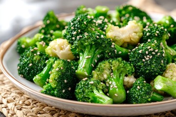 Broccoli stir-fry with sesame seeds concept. Freshly cooked broccoli and cauliflower garnished with sesame seeds on a plate.