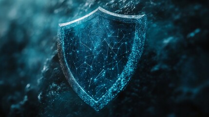 A pink shield icon, made of interconnected dots and lines on a dark background, symbolizes digital security and network protection in contemporary technology