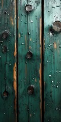 Fototapeta premium Green wooden surface with visible natural grain and textured patterns, featuring rustic aged wood with a weathered appearance and subtle distressed details