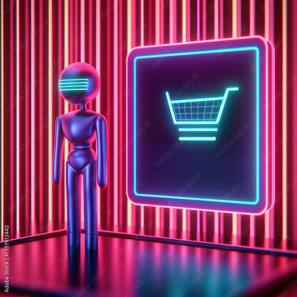 Poster e-commerce and digital payment automation concept. futuristic shopping scene with a neon robot and d
