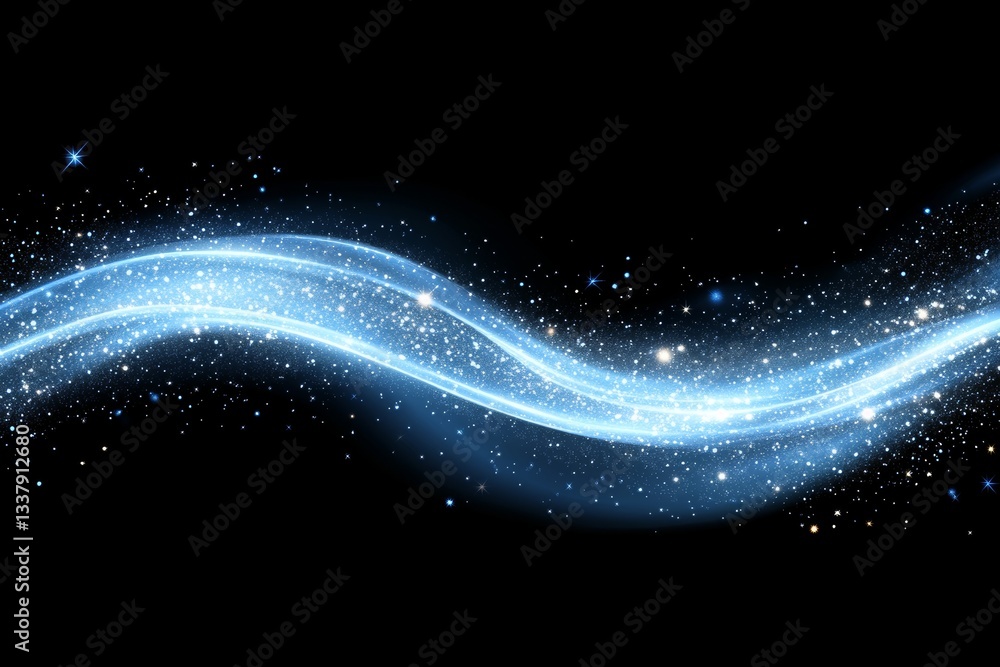 Poster dynamic motion effects are created by glowing curved lines and sparkling particles against a dark ba