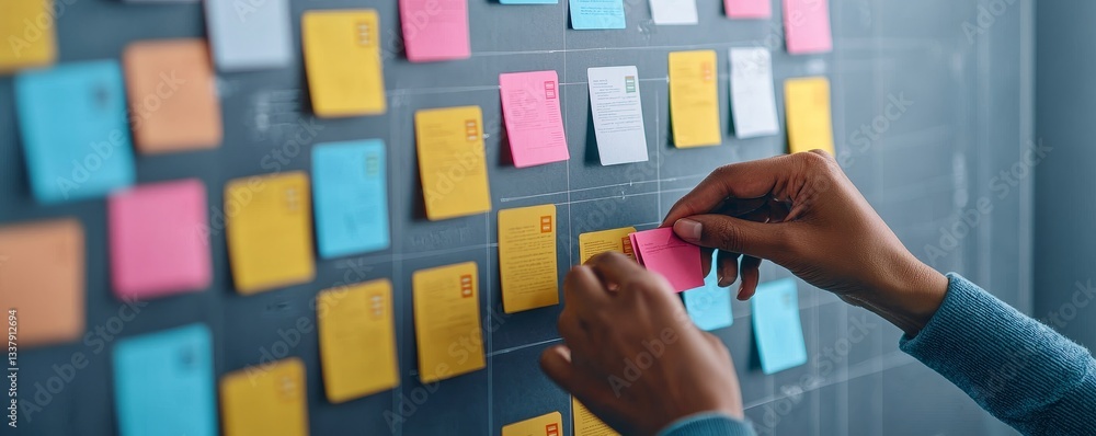 Poster productivity workflow execution concept. hands placing colorful sticky notes on a wall for organizat