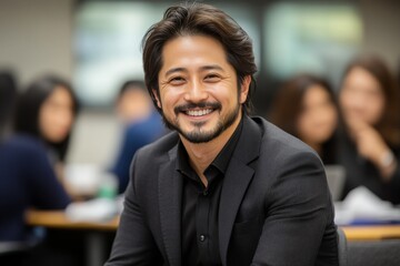 Obraz premium A confident young Asian businessman in a modern office setting, radiating success, leadership, and a positive atmosphere